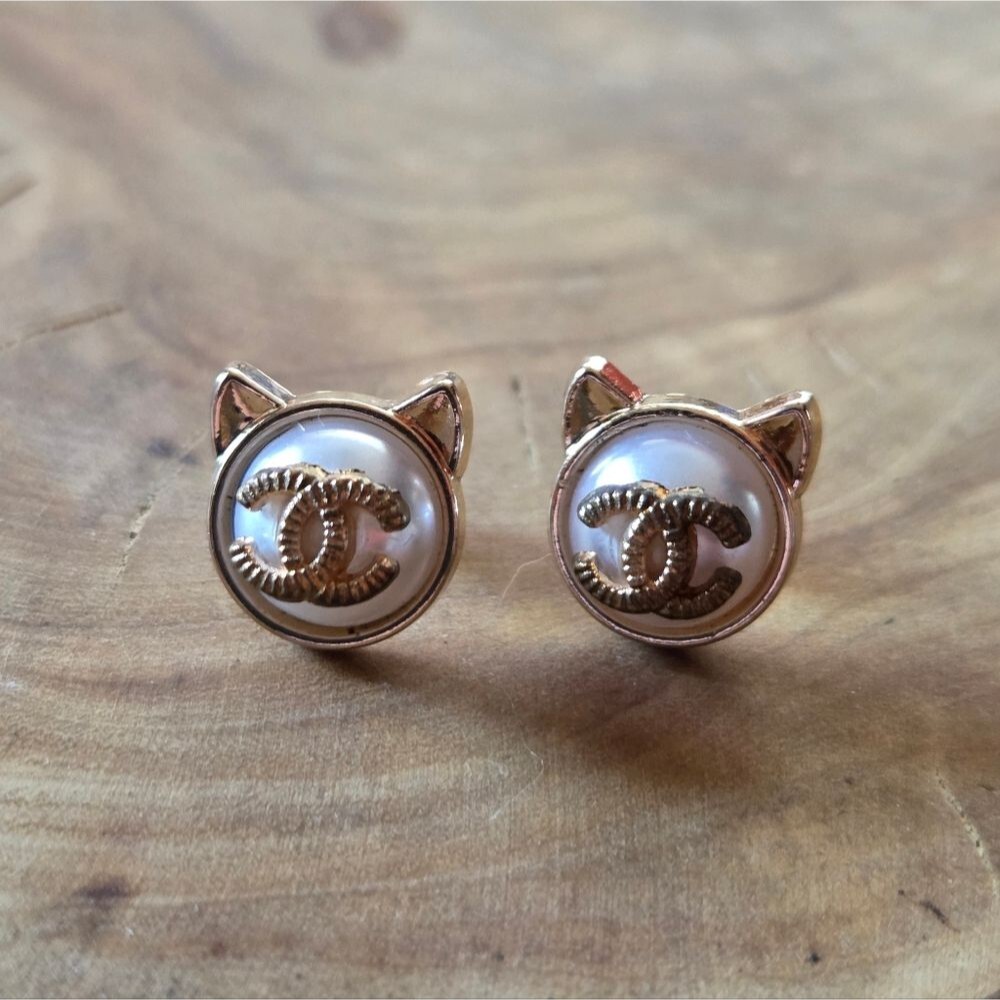 Authentic CC Logo Upcycled Faux Pearl Gold Tone Cat Ears Pierced Earrings